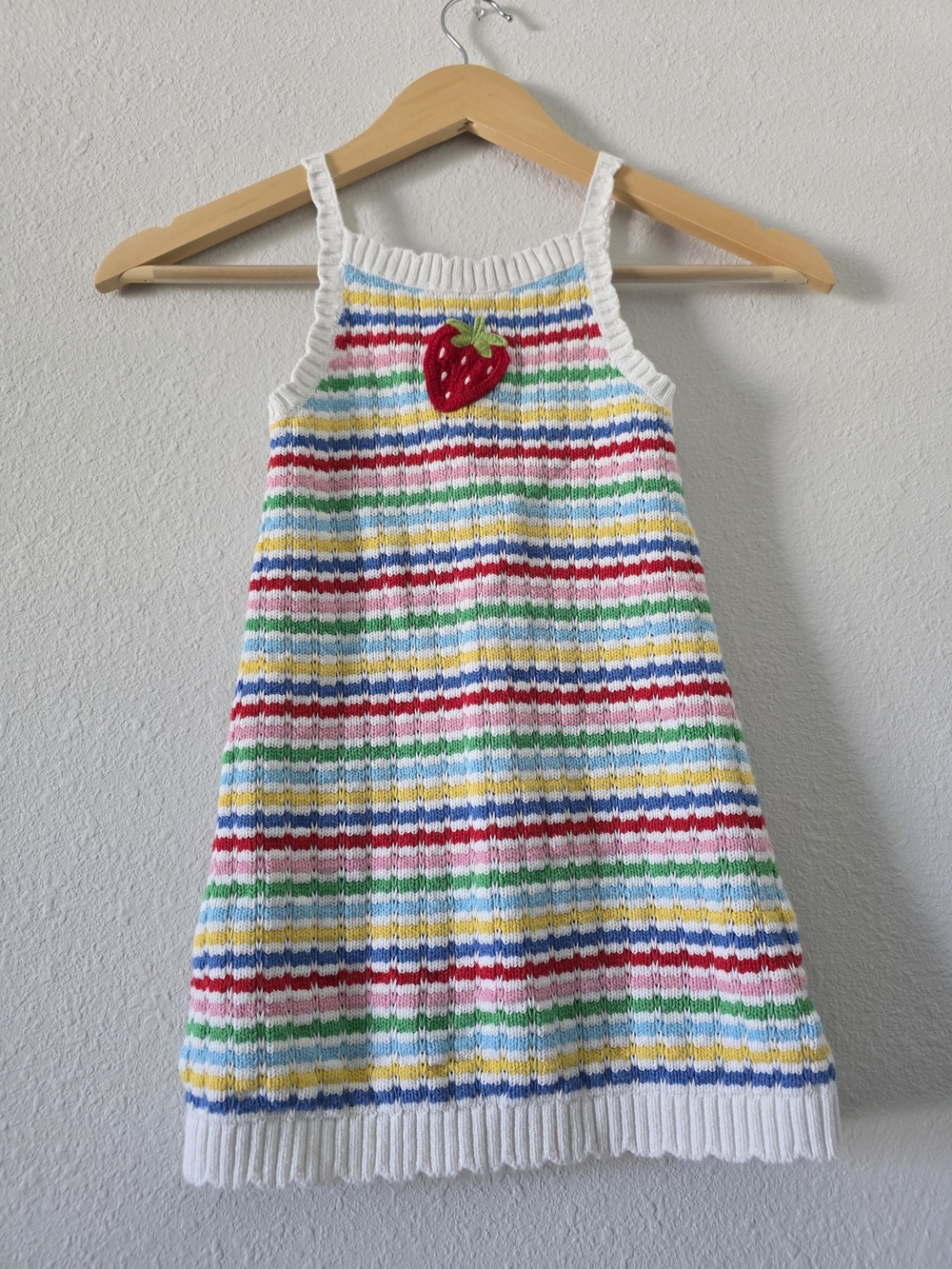 Old Navy White Multicolor Rainbow Stripe Knit Dress with Red Strawberry